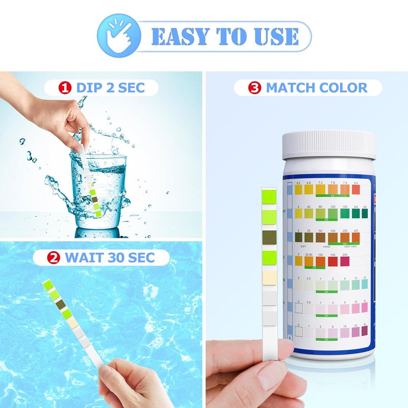 LabBestest شرائط اختبار حوض السباحة والسبا - 125 شريط اختبار لحوض السباحة - مجموعة اختبار مياه حوض السباحة - اختبار سريع دقيق وسهل لقياس pH، الصلابة، حمض السيانوريك، الكلور، البروم، والمزيد (7 طرق) - Image 3
